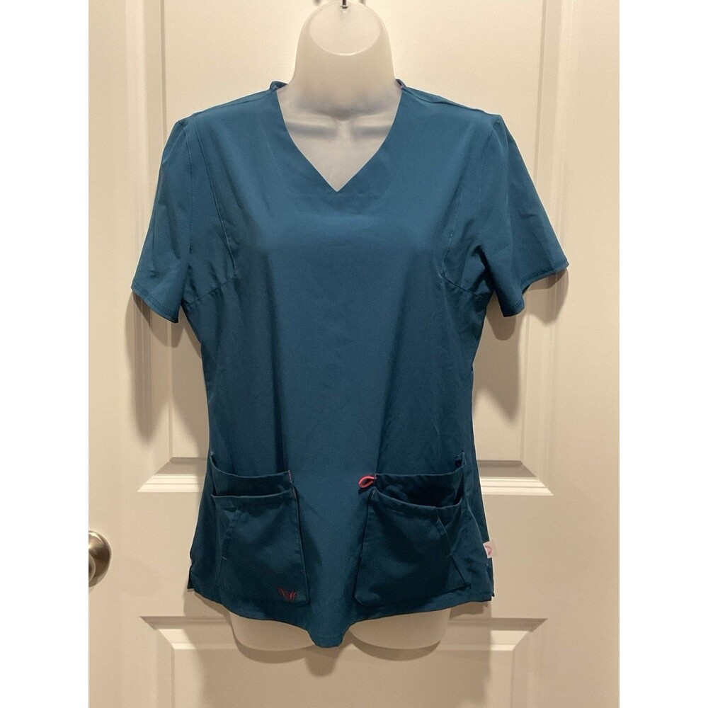 Smitten Teal Women's Scrub‎ Top Small V-Neck Pockets Medical S
